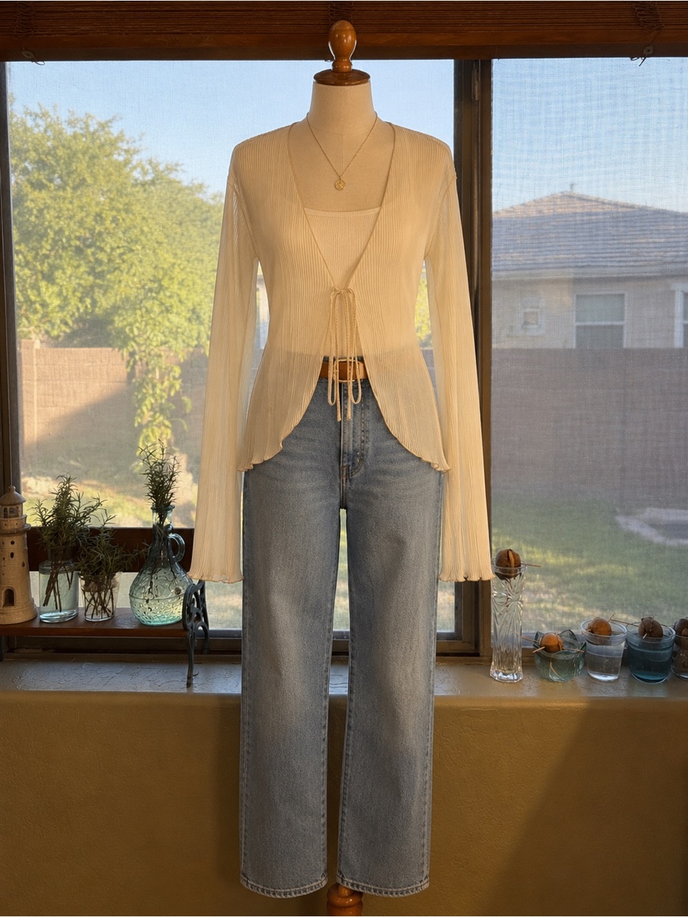 Cream Ribbed Tie-Front Cardigan with Tank